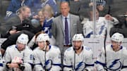 Mar 21, 2024; San Jose, California, USA; Tampa Bay Lightning head coach Jon Cooper watches game play against the San Jose Sharks during the third period at SAP Center at San Jose. Mandatory Credit: Robert Edwards-Imagn Images