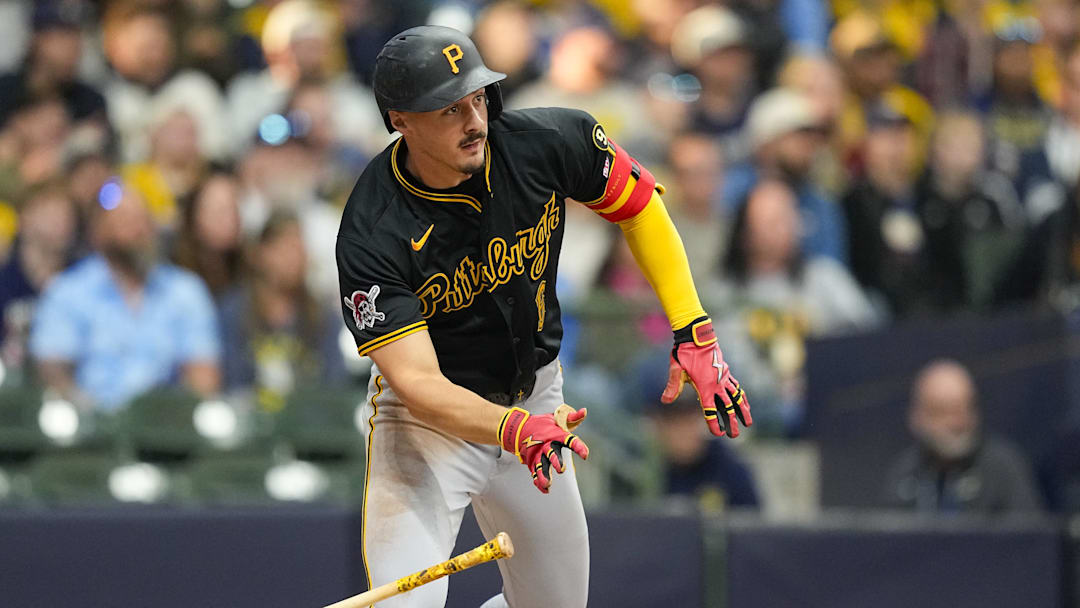 Apr 25, 2026; Milwaukee, Wisconsin, USA;  Pittsburgh Pirates shortstop Konnor Griffin (6) hits an RBI single during the fourth inning against the Milwaukee Brewers at American Family Field. Mandatory Credit: Jeff Hanisch-Imagn Images