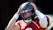 Tampa Bay Buccaneers quarterback Baker Mayfield (6) warms up before a game against the Arizona Cardinals