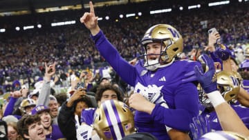Nov 25, 2023; Seattle, Washington, USA; Washington Huskies place kicker Grady Gross (95) celebrates after making a game-winning field goal against the Washington State Cougars during the fourth quarter at Alaska Airlines Field at Husky Stadium. Mandatory Credit: Joe Nicholson-USA TODAY Sports