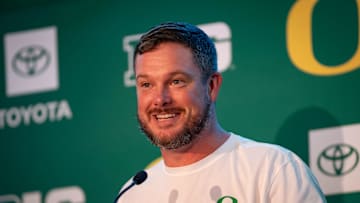 Oregon coach Dan Lanning speaks during Oregon football’s Media Day on July 28, 2025, at Autzen Stadium in Eugene.