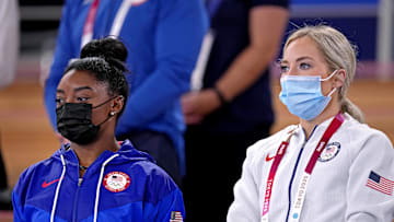 Aug 2, 2021; Tokyo, Japan; Simone Biles and Mykayla Skinner look on during the Tokyo 2020 Olympic Summer Games at Ariake Gymnastics Centre. Mandatory Credit: Danielle Parhizkaran-USA TODAY Sports