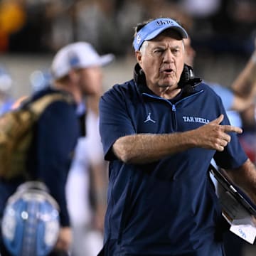 Oct 17, 2025; Berkeley, California, USA; North Carolina Tar Heels head coach Bill Belichick reacts against the California Golden Bears in the first quarter at California Memorial Stadium. Mandatory Credit: Eakin Howard-Imagn Images