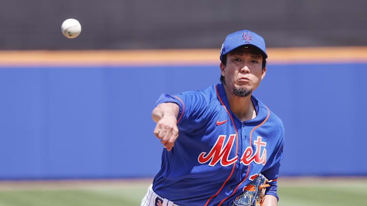 Mar 22, 2023; Port St. Lucie, Florida, USA; New York Mets starting pitcher Kodai Senga (34) throws a