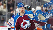 Apr 18, 2024; Denver, Colorado, USA; Colorado Avalanche right wing Valeri Nichushkin (13) celebrates his second goal of the first period against the Edmonton Oilers at Ball Arena. Mandatory Credit: Ron Chenoy-Imagn Images