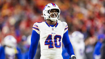 Jan 26, 2025; Kansas City, MO, USA; Buffalo Bills linebacker Von Miller (40) against the Kansas City Chiefs during the AFC Championship game at GEHA Field at Arrowhead Stadium. Mandatory Credit: Mark J. Rebilas-Imagn Images