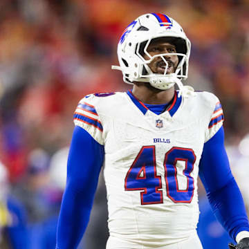 Jan 26, 2025; Kansas City, MO, USA; Buffalo Bills linebacker Von Miller (40) against the Kansas City Chiefs during the AFC Championship game at GEHA Field at Arrowhead Stadium. Mandatory Credit: Mark J. Rebilas-Imagn Images