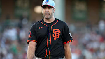 Jul 4, 2025; West Sacramento, California, USA; San Francisco Giants starting pitcher Justin Verlander (35) walks towards the dugout after the end of the second inning    in a game against the Athletics at Sutter Health Park. 