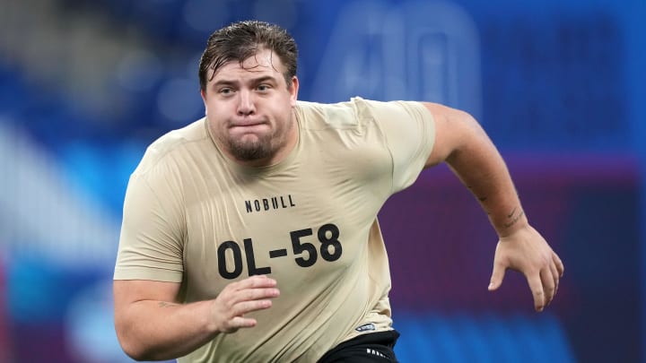 Mar 3, 2024; Indianapolis, IN, USA; Oregon offensive lineman Jackson Powers-Johnson (OL58) during the 2024 NFL Combine at Lucas Oil Stadium. Mandatory Credit: Kirby Lee-USA TODAY Sports