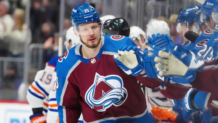 Apr 18, 2024; Denver, Colorado, USA; Colorado Avalanche right wing Valeri Nichushkin (13) celebrates his second goal of the first period against the Edmonton Oilers at Ball Arena. Mandatory Credit: Ron Chenoy-USA TODAY Sports