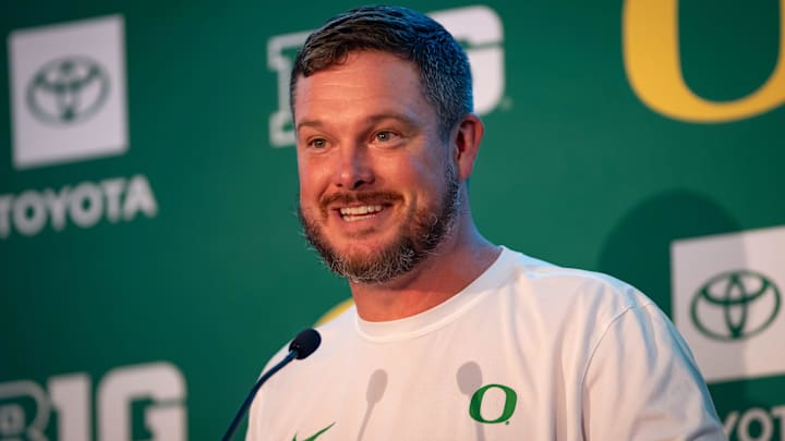 Oregon coach Dan Lanning speaks during Oregon football’s Media Day on July 28, 2025, at Autzen Stadium in Eugene.