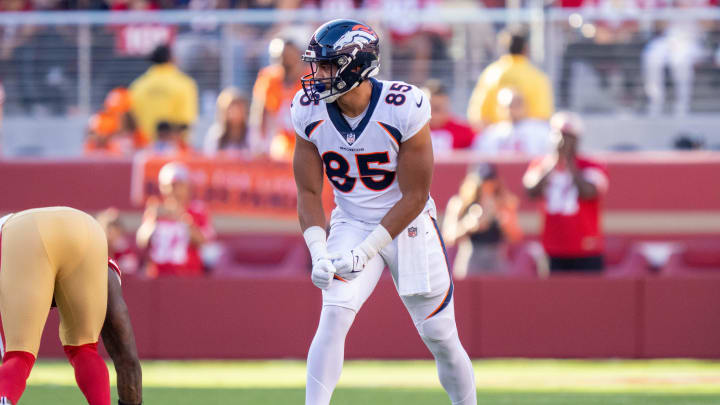 August 19, 2023; Santa Clara, California, USA; Denver Broncos tight end Albert Okwuegbunam (85) during the second quarter against the San Francisco 49ers at Levi's Stadium. Mandatory Credit: Kyle Terada-USA TODAY Sports