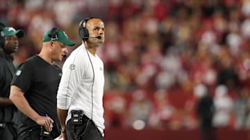 Sep 9, 2024; Santa Clara, California, USA; New York Jets head coach Robert Saleh stands on the sideline during the fourth quarter against the San Francisco 49ers at Levi's Stadium. 