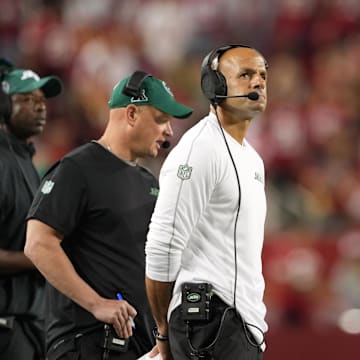 Sep 9, 2024; Santa Clara, California, USA; New York Jets head coach Robert Saleh stands on the sideline during the fourth quarter against the San Francisco 49ers at Levi's Stadium. 