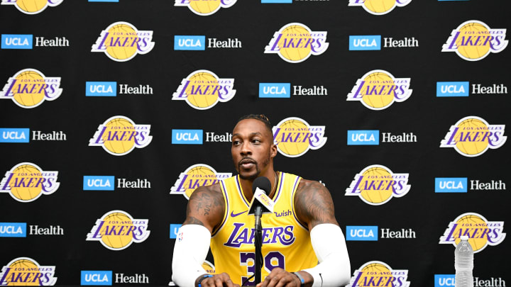 Sep 27, 2019; Los Angeles, CA, USA; Los Angeles Lakers center Dwight Howard listens to a question during the Lakers media day at the UCLA Health Training Center in El Segundo, CA. Mandatory Credit: Robert Hanashiro-USA TODAY Sports