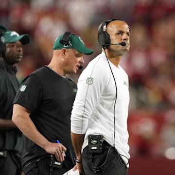 Sep 9, 2024; Santa Clara, California, USA; New York Jets head coach Robert Saleh stands on the sideline during the fourth quarter against the San Francisco 49ers at Levi's Stadium. 