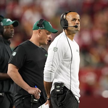 Sep 9, 2024; Santa Clara, California, USA; New York Jets head coach Robert Saleh stands on the sideline during the fourth quarter against the San Francisco 49ers at Levi's Stadium.