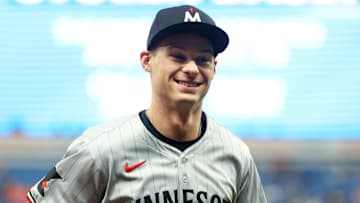 Minnesota Twins outfielder Michael Helman (92) looks on at the end of the second inning against the Tampa Bay Rays at Tropicana Field. (Mandatory Credit: Kim Klement Neitzel-Imagn Images)