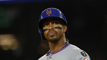 Aug 19, 2025; Washington, District of Columbia, USA; New York Mets shortstop Francisco Lindor (12) looks on at bat against the Washington Nationals during the fourth inning at Nationals Park. Mandatory Credit: Amber Searls-Imagn Images