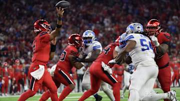 Nov 10, 2024; Houston, Texas, USA; Houston Texans quarterback C.J. Stroud (7) passes against the Detroit Lions in the second half at NRG Stadium. Mandatory Credit: Thomas B. Shea-Imagn Images