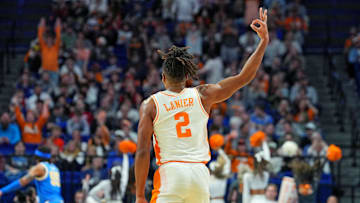 Mar 22, 2025; Lexington, KY, USA; Tennessee Volunteers guard Chaz Lanier (2) celebrates after a three pointer during the second half against the UCLA Bruins in the second round of the NCAA Tournament at Rupp Arena. Mandatory Credit: Aaron Doster-Imagn Images