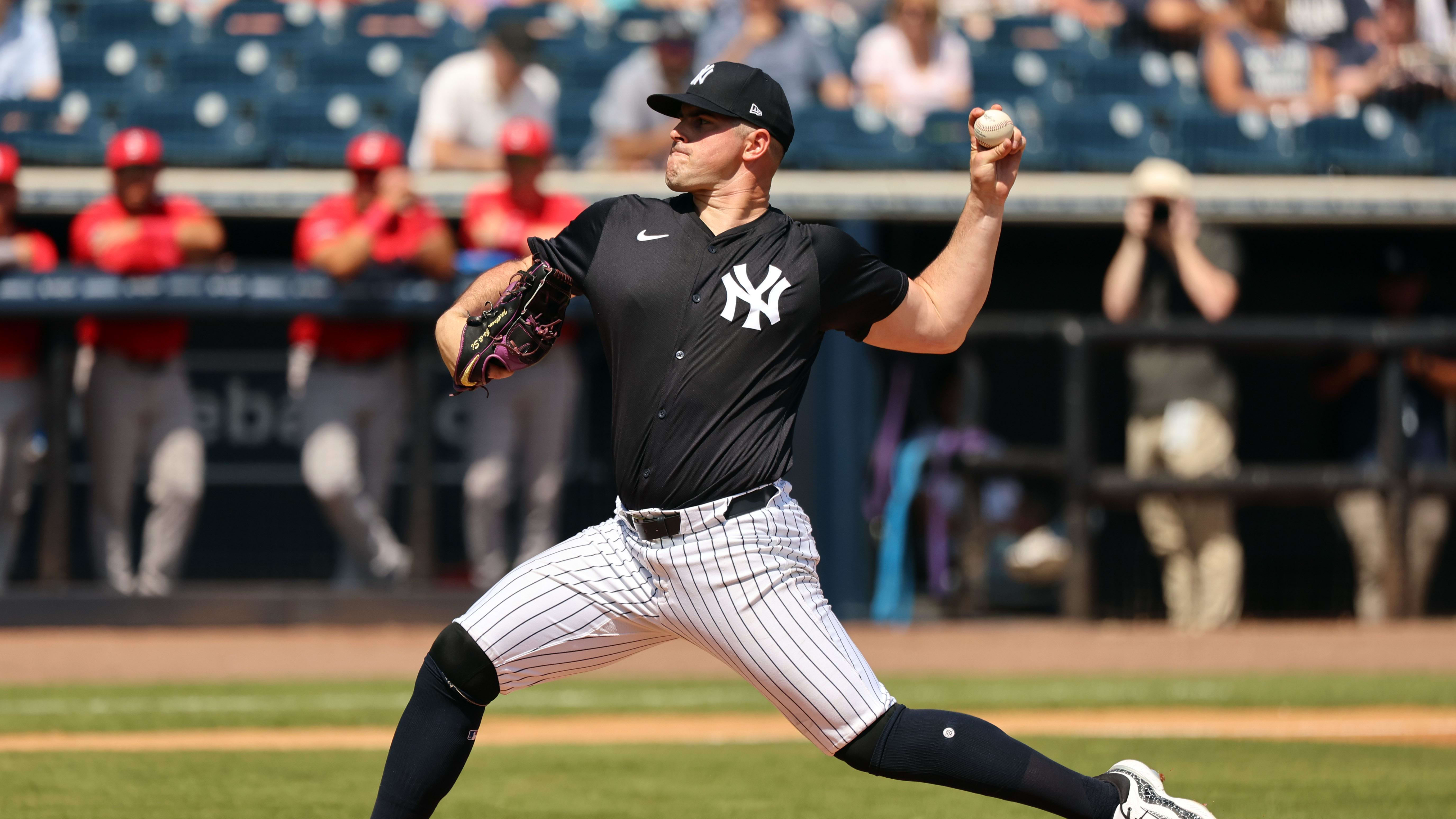 Mar 13, 2024; Tampa, Florida, USA; New York Yankees starting pitcher Carlos Rodon (55) faces the Boston Red Sox.