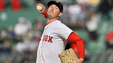 Boston Red Sox starting pitcher Walker Buehler (0) pitches against the Toronto Blue Jays during the first inning at Fenway Park.