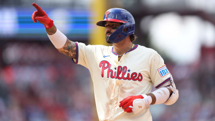 Jul 31, 2024; Philadelphia, Pennsylvania, USA;  Philadelphia Phillies outfielder Nick Castellanos (8) reacts after hitting an RBI single during the eighth inning against the New York Yankees at Citizens Bank Park. 