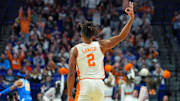 Mar 22, 2025; Lexington, KY, USA; Tennessee Volunteers guard Chaz Lanier (2) celebrates after a three pointer during the second half against the UCLA Bruins in the second round of the NCAA Tournament at Rupp Arena. Mandatory Credit: Aaron Doster-Imagn Images