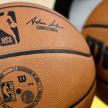 Dec 23, 2024; San Francisco, California, USA; The NBA logo is seen on a basketball during warm ups before the Golden State Warriors play the Indiana Pacers at Chase Center. Mandatory Credit: Eakin Howard-Imagn Images
