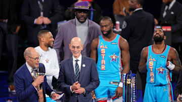 Feb 16, 2025; San Francisco, CA, USA; Ernie Johnson, Jr. speaks with NBA commissioner Adam Silver after the 2025 NBA All Star Game at Chase Center. Mandatory Credit: Cary Edmondson-Imagn Images