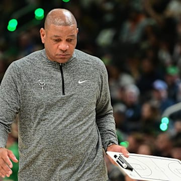 Apr 27, 2025; Milwaukee, Wisconsin, USA; Milwaukee Bucks head coach Doc Rivers call a timeout in the fourth quarter against the Indiana Pacers during game four of first round for the 2024 NBA Playoffs at Fiserv Forum. Mandatory Credit: Benny Sieu-Imagn Images