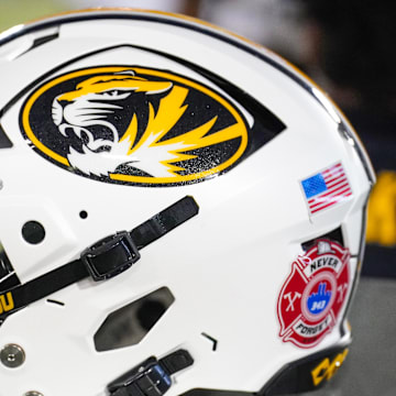 Sep 9, 2023; Columbia, Missouri, USA; A general view of a Missouri Tigers helmet against the Middle Tennessee Blue Raiders during the second half at Faurot Field at Memorial Stadium. Mandatory Credit: Denny Medley-Imagn Images
