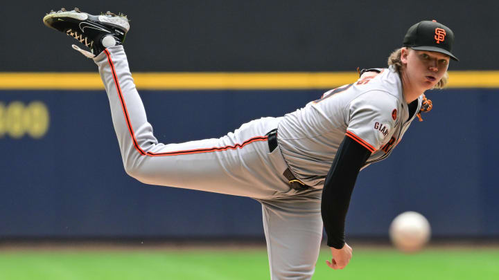 Aug 29, 2024; Milwaukee, Wisconsin, USA;  San Francisco Giants starting pitcher Hayden Birdsong (60) pitches in the first inning against the Milwaukee Brewers at American Family Field.