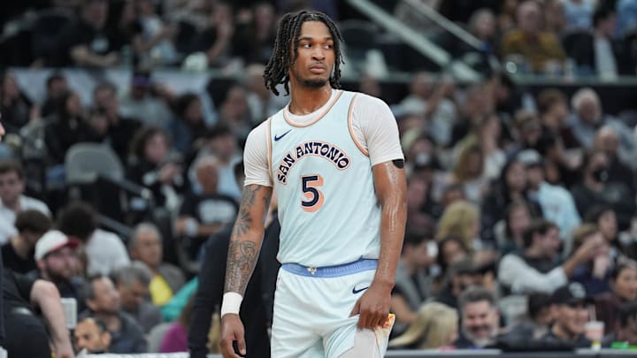 Dec 19, 2024; San Antonio, Texas, USA;  San Antonio Spurs guard Stephon Castle (5) in the second half against the Atlanta Hawks at Frost Bank Center. Mandatory Credit: Daniel Dunn-Imagn Images