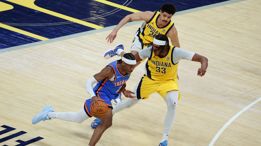 Jun 19, 2025; Indianapolis, Indiana, USA; Oklahoma City Thunder guard Shai Gilgeous-Alexander (2) drives to the basket defended by Indiana Pacers center Myles Turner (33) and guard Ben Sheppard (26) in the third quarter during game six of the 2025 NBA Finals at Gainbridge Fieldhouse. Mandatory Credit: Trevor Ruszkowski-Imagn Images