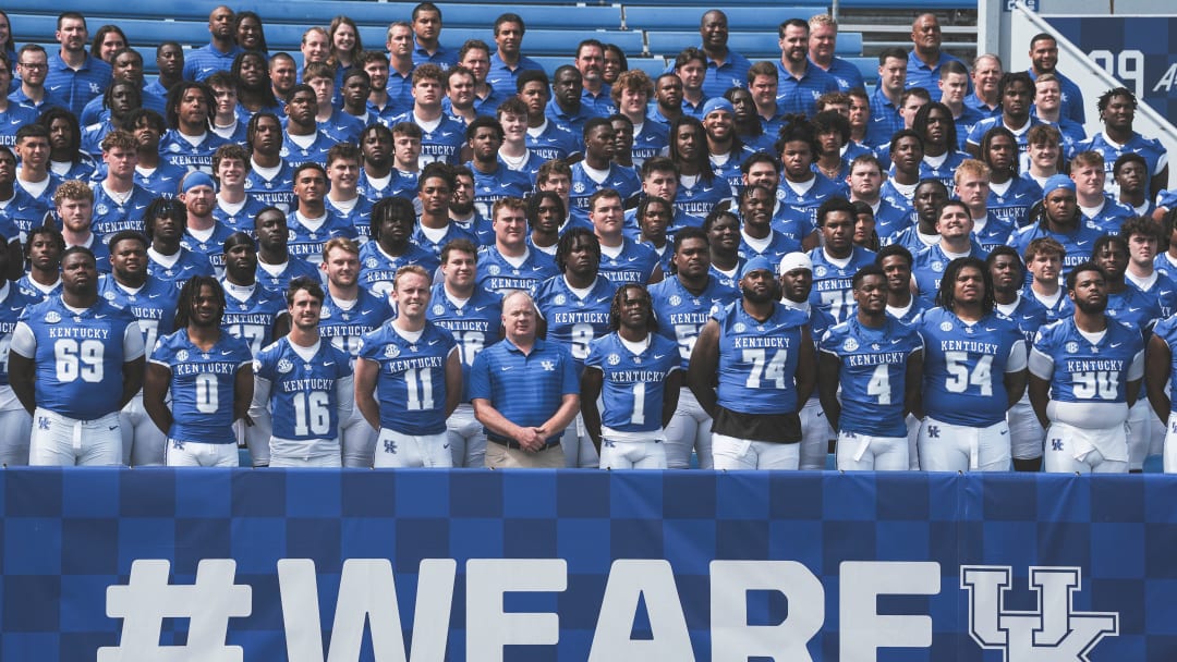 The 2024 Kentucky football team pose for a photo at Kroger Field during Media Day, Friday. August 2, 2024 in Lexington.