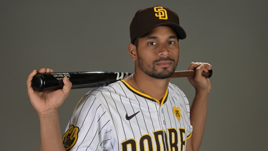 Feb 20, 2024; Peoria, AZ, USA;  San Diego Padres Oscar Mercado (40) during media photo day at the Peoria Sports Complex.