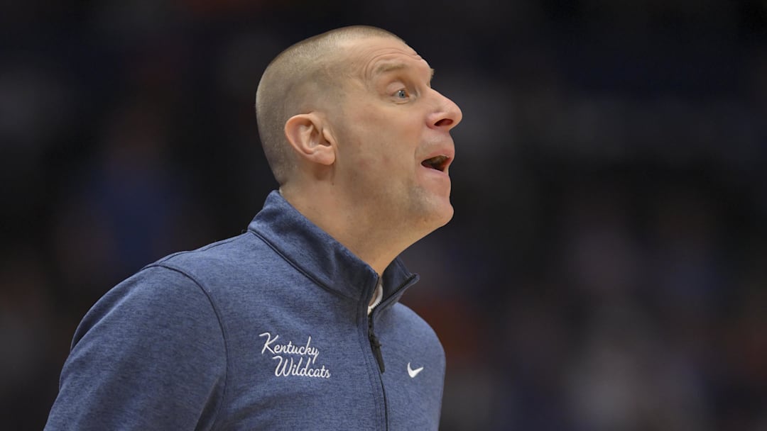 Mar 13, 2026; Nashville, TN, USA;  Kentucky Wildcats head coach Mark Pope yells to his team against the Florida Gators during the first half at Bridgestone Arena. Mandatory Credit: Steve Roberts-Imagn Images