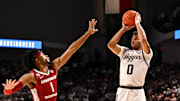 Texas A&M Aggies guard Dexter Dennis (0) shoots a three pointer over Arkansas Razorbacks guard Ricky Council IV (1) during the second half at Reed Arena.