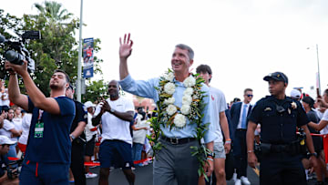 Aug 31, 2024; Tucson, Arizona, USA; Arizona Wildcats head coach Brent Brennan walks down the Wildcat Walk before the game at Arizona Stadium. Mandatory Credit: Aryanna Frank-Imagn Images