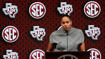Texas A&M head coach Joni Taylor speaks during SEC Media Day at the Grand Bohemian Hotel in Mountain Brook Tuesday, Oct. 16, 2024.