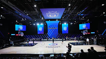 Jan 17, 2025; Miami, FL, USA;  Players warm-up before the game between the Mist and the Lunar Owls of the Unrivaled women’s professional 3v3 basketball league at Wayfair Arena. Mandatory Credit: Jim Rassol-Imagn Images