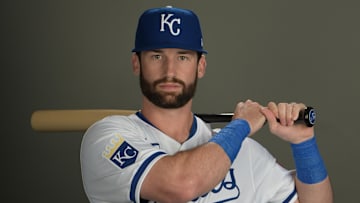 Feb 22, 2024; Surprise, AZ, USA;  Kansas City Royals Tyler Gentry (27) during photo day at spring training in Surprise, AZ. Mandatory Credit: Jayne Kamin-Oncea-Imagn Images