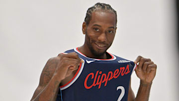 Sep 29, 2025; Inglewood, CA, USA;  Los Angeles Clippers forward Kawhi Leonard (2) poses during media day at Intuit Dome. Mandatory Credit: Jayne Kamin-Oncea-Imagn Images