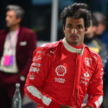 Nov 17, 2023; Las Vegas, Nevada, USA; Scuderia Ferrari driver Carlos Sainz Jr. of Spain (55) reacts after qualifying second at Las Vegas Strip Circuit. Mandatory Credit: Gary A. Vasquez-USA TODAY Sports