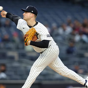 Apr 19, 2024; Bronx, New York, USA; New York Yankees starting pitcher Clarke Schmidt (36) pitches against the Tampa Bay Rays during the first inning at Yankee Stadium. Mandatory Credit: Brad Penner-USA TODAY Sports