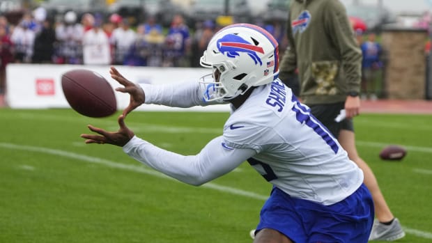 Jul 27, 2023; Rochester NY, USA; Buffalo Bills wide receiver Khalil Shakir (10) catches the ball during training camp at St. John Fisher College. Mandatory Credit: Gregory Fisher-USA TODAY Sports