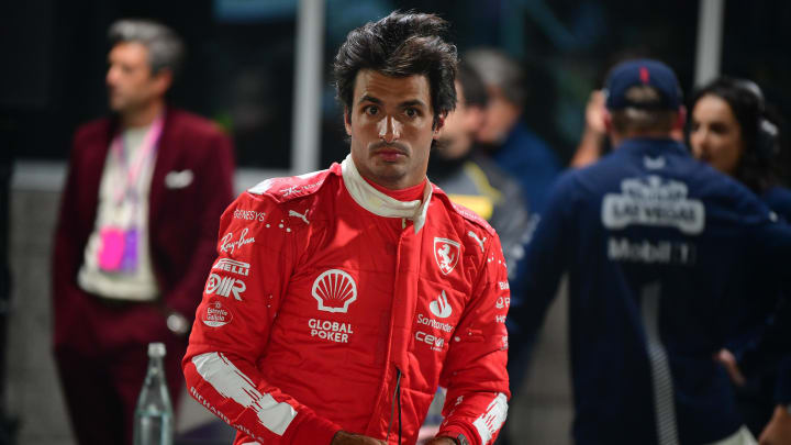 Nov 17, 2023; Las Vegas, Nevada, USA; Scuderia Ferrari driver Carlos Sainz Jr. of Spain (55) reacts after qualifying second at Las Vegas Strip Circuit. Mandatory Credit: Gary A. Vasquez-USA TODAY Sports