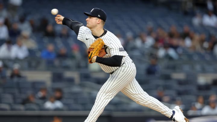 Apr 19, 2024; Bronx, New York, USA; New York Yankees starting pitcher Clarke Schmidt (36) pitches against the Tampa Bay Rays during the first inning at Yankee Stadium. Mandatory Credit: Brad Penner-USA TODAY Sports